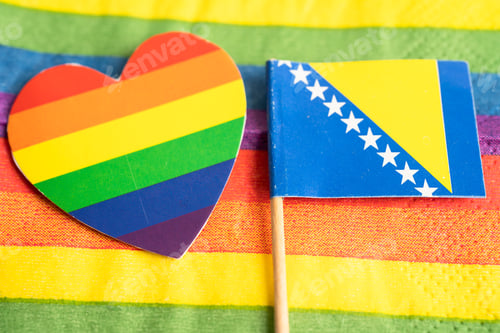 Preview: Bosnia and Herzegovina flag on rainbow background symbol of LGBT gay pride month