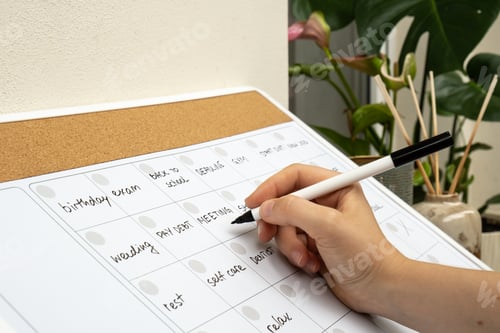 Preview: Female hand writing with marker on Monthly PLANNER filled with appointments and plans for next month