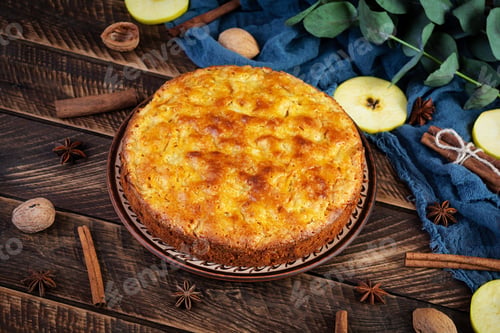 Preview: Delicious homemade apple pie on wooden background. Apple pie with ingredients, apples and cinnamon
