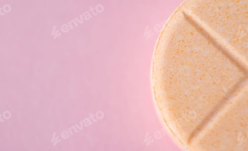 Preview: Close up of vitamin tablet on pink background with copyspace