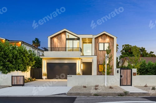 Preview: Modern house with wooden facade at sunset