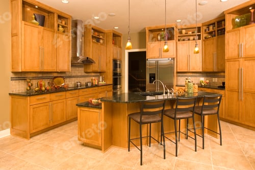 Preview: Kitchen with wooden furniture and a marble sink under the modern lamps hanging from the ceiling