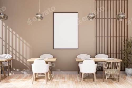 Preview: mock up poster frame in modern interior fully furnished rooms background, Cafe, Dining room,
