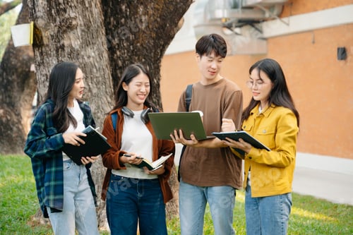 Preview: Young Asian People college students and a female student group work at the campus park in morning