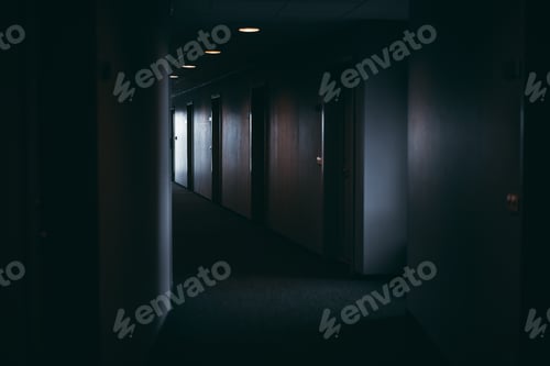 Preview: Dark moody look down hotel motel hallway scary dim modern new contemporary