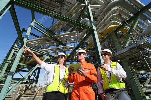Preview: Refinery industry engineer are working and discussing at front oil and gas industrial factory,