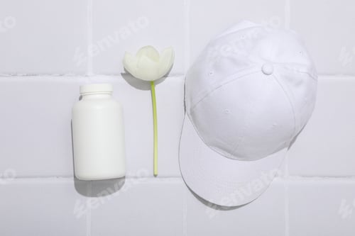 Preview: A bottle with bio-additives, with flowers, on a light background.