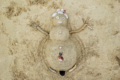 Preview: Travel to Phi-Phi island, Thailand. A snowman from sand and seashells on a beach.