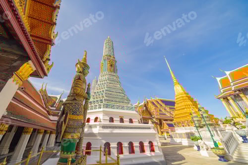 Preview: Golden pagoda at Temple of the Emerald Buddha in Bangkok, Thailand. Wat Phra Kaew and Grand palace