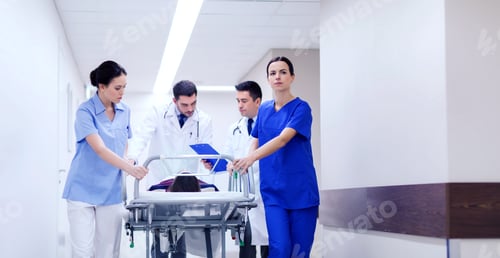 Preview: medics with woman on hospital gurney at emergency