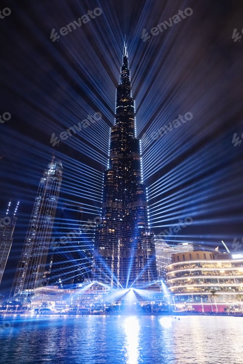 Preview: Burj Khalifa illumination with fountain show in Dubai UAE at night