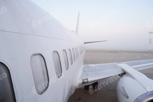 Preview: Airplane at airport close up view.