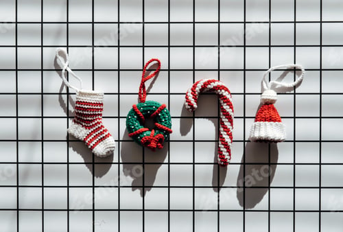 Preview: Christmas Knit Toys. Handmade DIY Crochet hat, lollipop, donut and sock on checkered white