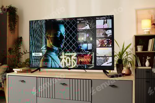 Preview: Watching Movie on Modern Living Room Television Screen