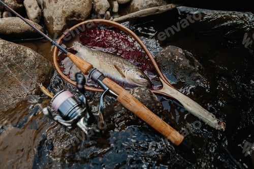 Preview: Brown trout caught fly fishing in landing net with rod and reel