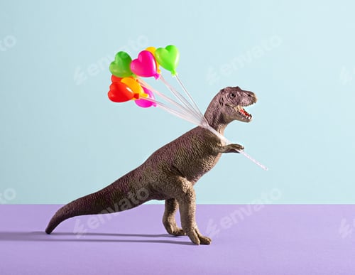 Preview: Happy dinosaur holding colorful balloons on blue and violet background.