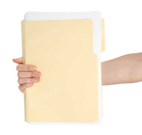 Preview: Woman holding paper file folder on white background, closeup