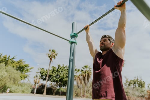 Preview: A strong man is hanging from a high bar at an outdoor gym in the Canary Islands, outdoor training