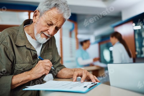 Preview: Mature man filling out medical paperwork at doctor's office.