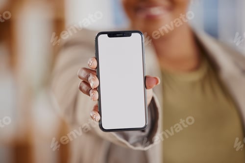 Preview: Phone screen, mockup and hands of business person on mobile app, ux design or website space. Closeu