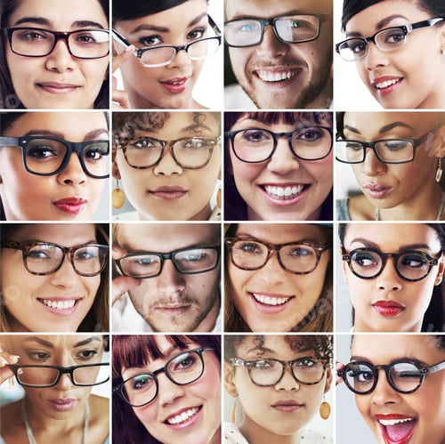 Preview: Variety of visions. Composite image of a diverse group of people wearing spectacles.