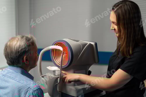 Preview: in an ophthalmology clinic a female doctor performs a diagnosis using a device with a red light