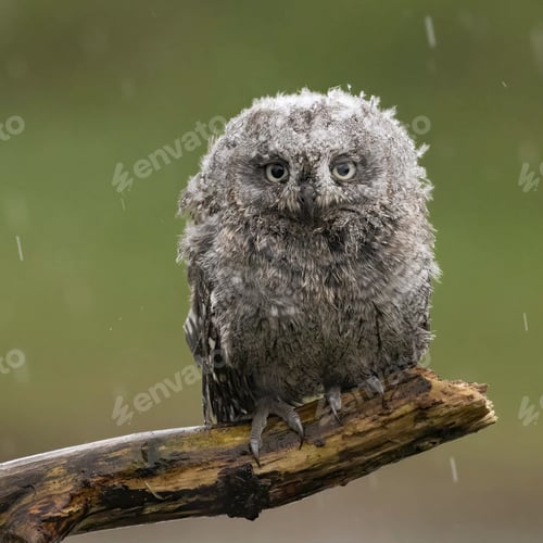 Preview: Young owl perched on a branch in the rain.