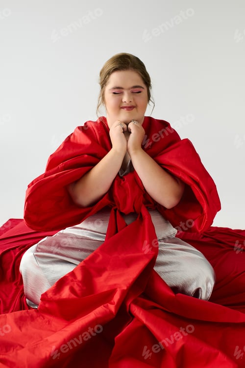 Preview: Young woman in red fabric expressing joy and bliss in a creative setting