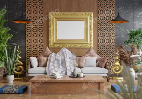 Preview: 3D illustration Mockup photo frame in living room rendering
