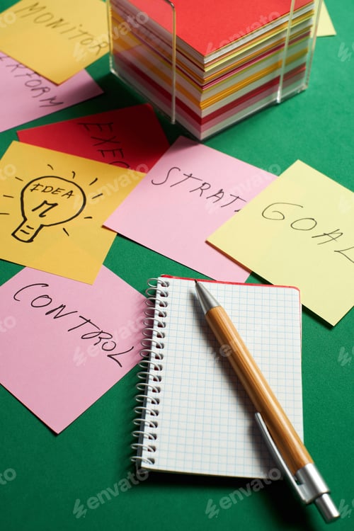 Preview: Brainstorming session with sticky notes on strategy and mission, highlighting key actions and ideas