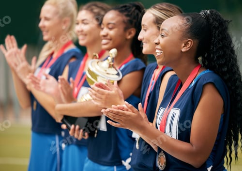 Preview: Trophy, sports and women clapping hands for success, motivation or celebration at professional netb