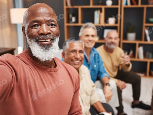 Preview: Senior, selfie and smile of black man with friends in house, having fun and bonding together. Portr