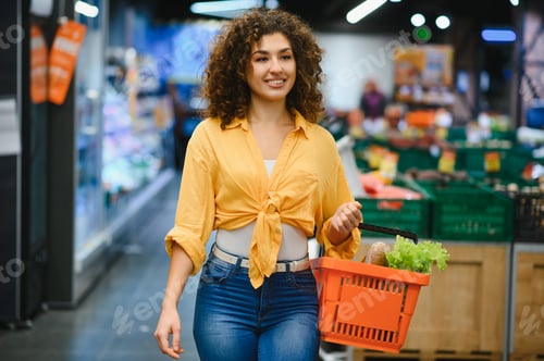 Preview: Woman shopping for healthy food in supermarket aisle