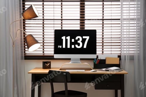 Preview: Modern PC on table near window with blinds in room