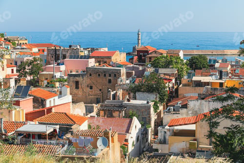 Preview: Scenic aerial view of Old Town Chania, with colorful rooftops dotting the landscape