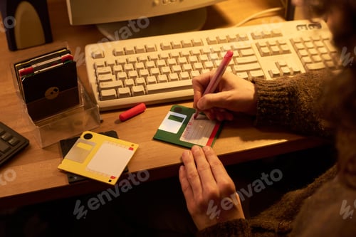 Preview: Woman Labeling Floppy Disks Beside Computer Keyboard
