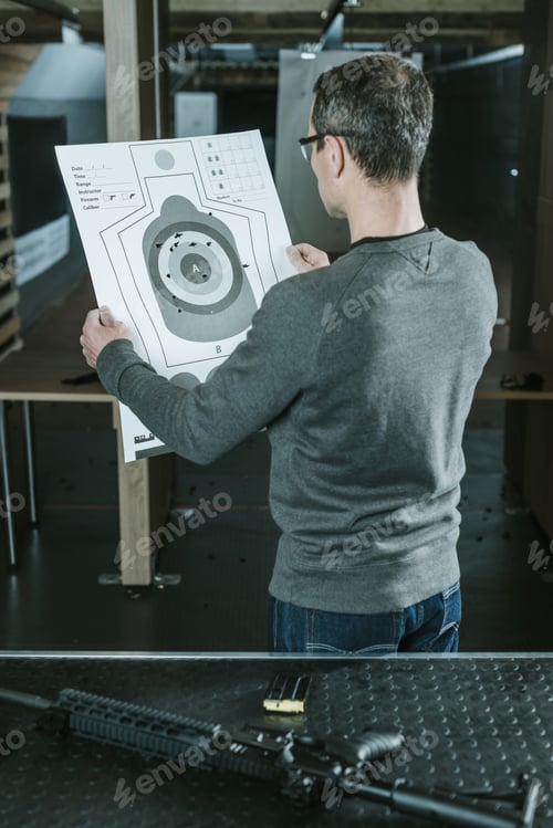 Preview: rear view of shooter looking at used target after shooting in shooting range