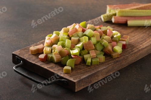 Preview: Freshly chopped rhubarb on brown kitchen background