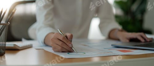 Preview: Bookkeeper or financial inspector hands making report, calculating. Home finances, investment