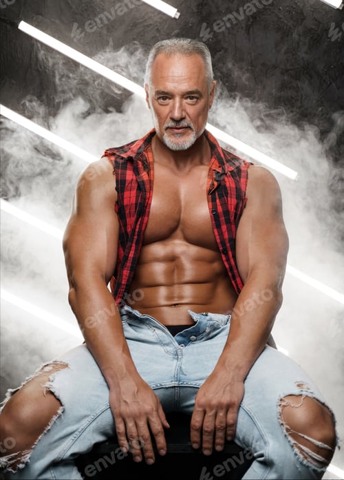 Preview: Masculine middle-aged male model with chiseled torso grey beard and bare chest