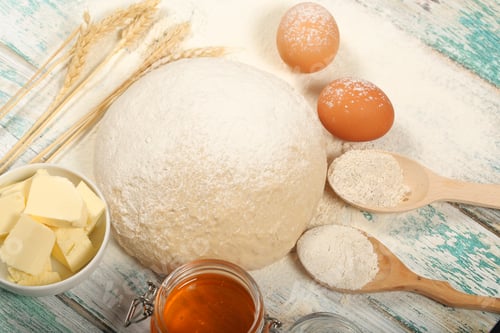 Preview: Dough For Bread Wheat Ears And Flour Lie On The Table