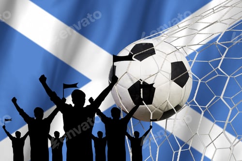 Preview: Silhouettes Of Soccer Fans With Flag Of Scotland .Cheer Concept