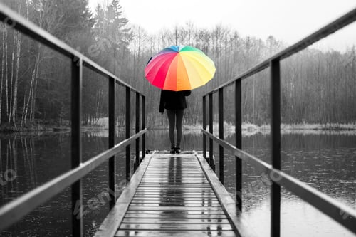 Preview: Woman standing with colorful umbrella on the pier at the pond on a rainy day