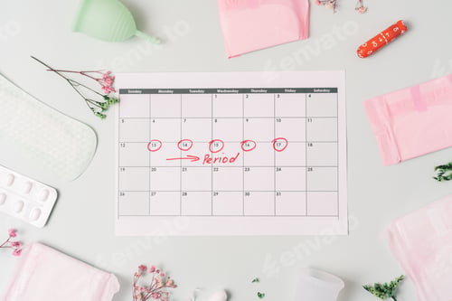 Preview: Supplies and calendar for the menstrual cycle on green background