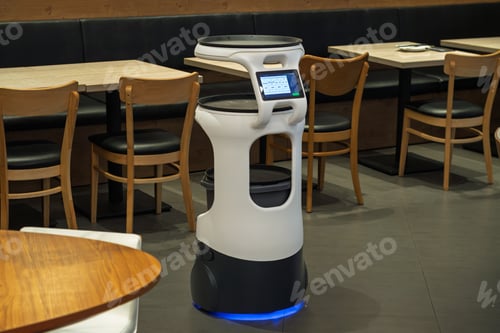 Preview: Self-driving waiter robot stands in modern cafe dining area, supports contactless service