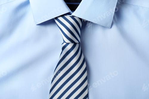 Preview: Striped male necktie on blue shirt, closeup
