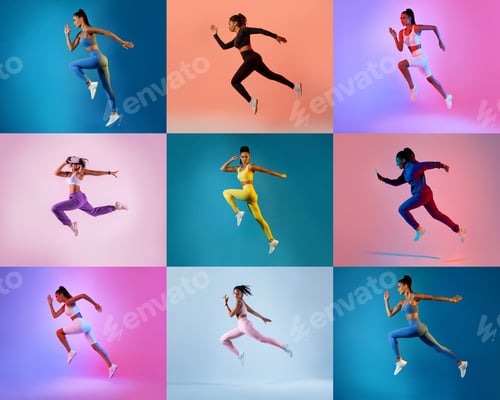 Preview: Dynamic display of athletic women running in vibrant colors and outfits