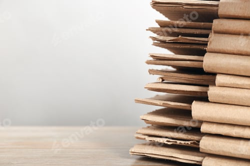 Preview: Cardboard pile on table against light background, space for text. Waste recycling concept