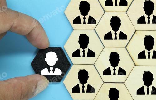 Preview: hexagon with an old employee icon and a new employee. the concept of workers or HR