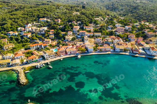 Preview: Gaios, capital city of Paxos Island, aerial view. Greece